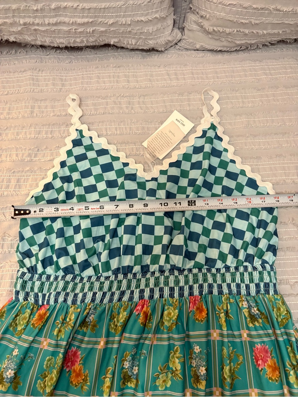 Grace Karin Turquoise Blue Floral Checkered Maxi Dress-measurements in photos - Picture 2 of 9